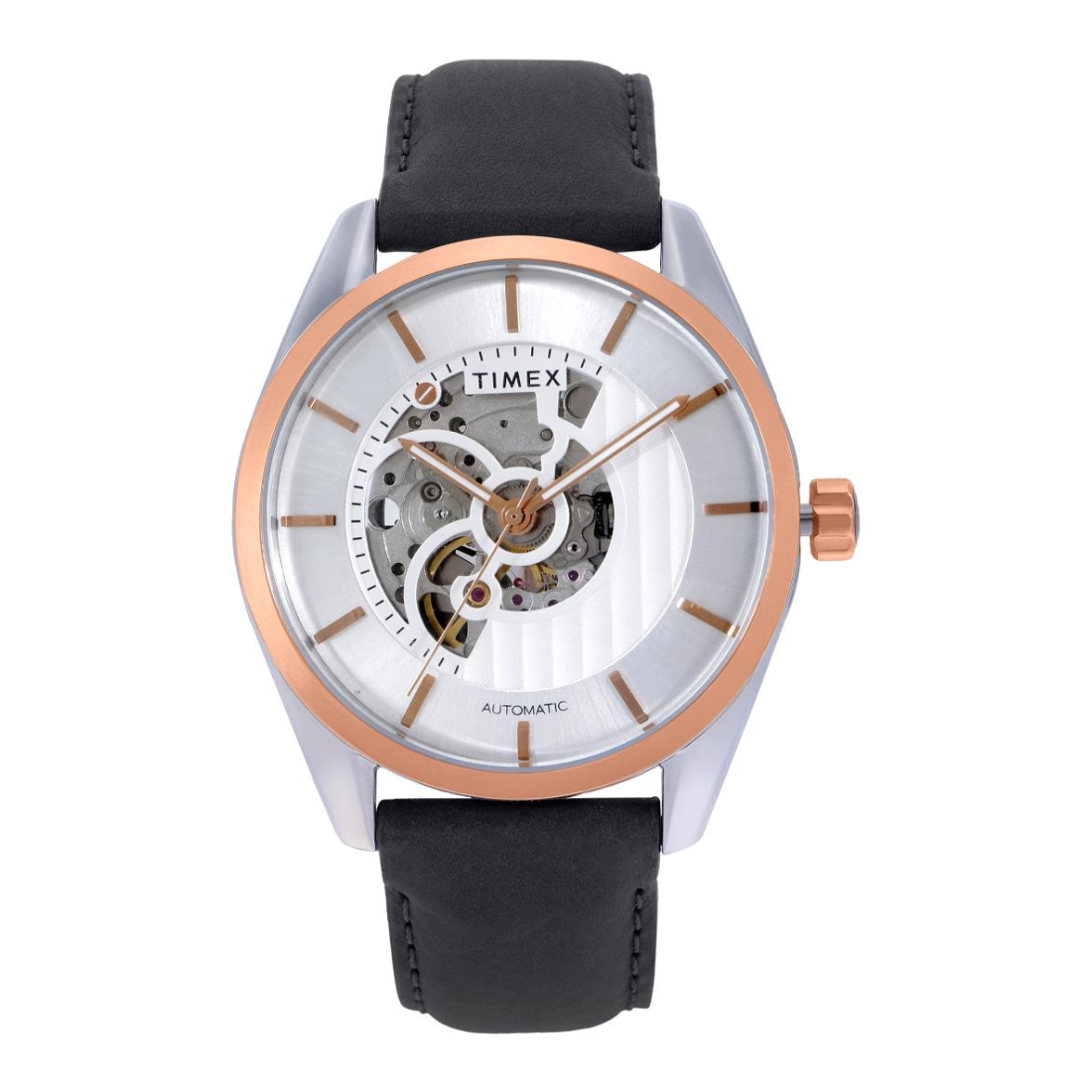 Timex watch with black leather strap and rose gold case on white background
