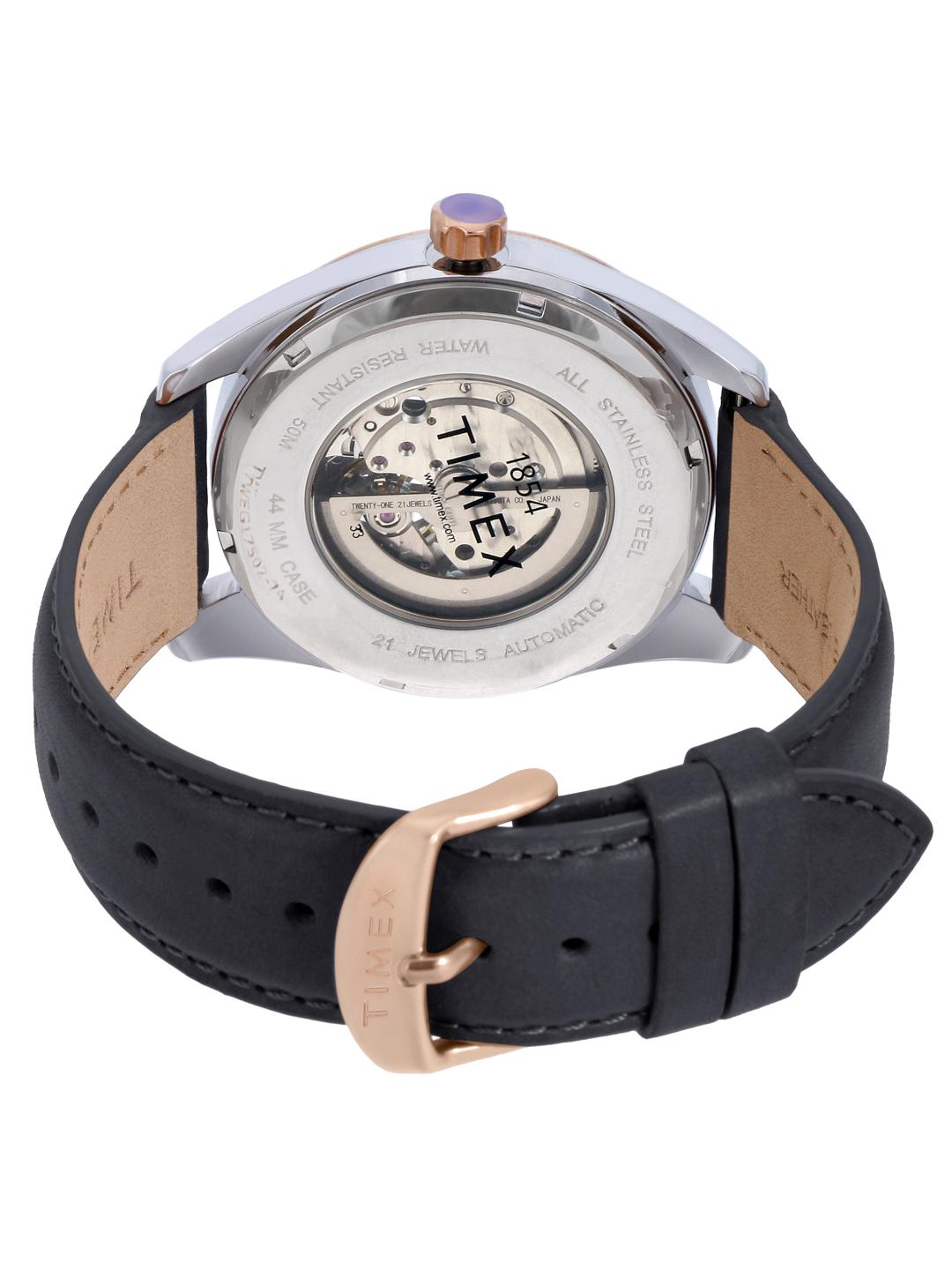 Watch with black leather strap and rose gold buckle on a white background