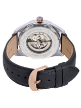 Watch with black leather strap and rose gold buckle on a white background