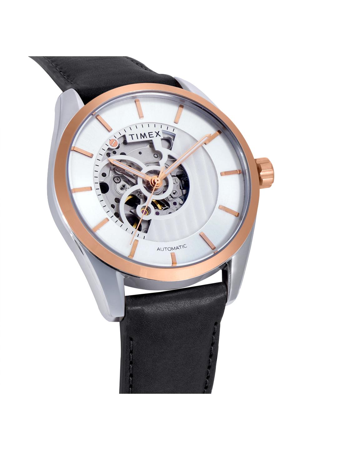 Timex watch with black strap and rose gold accents on a white background