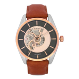 Timex watch with brown leather strap and black face on white background