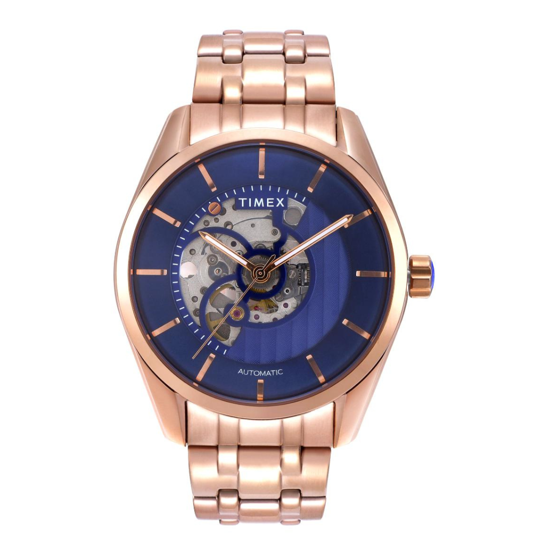 Timex watch with rose gold case and blue face on a white background