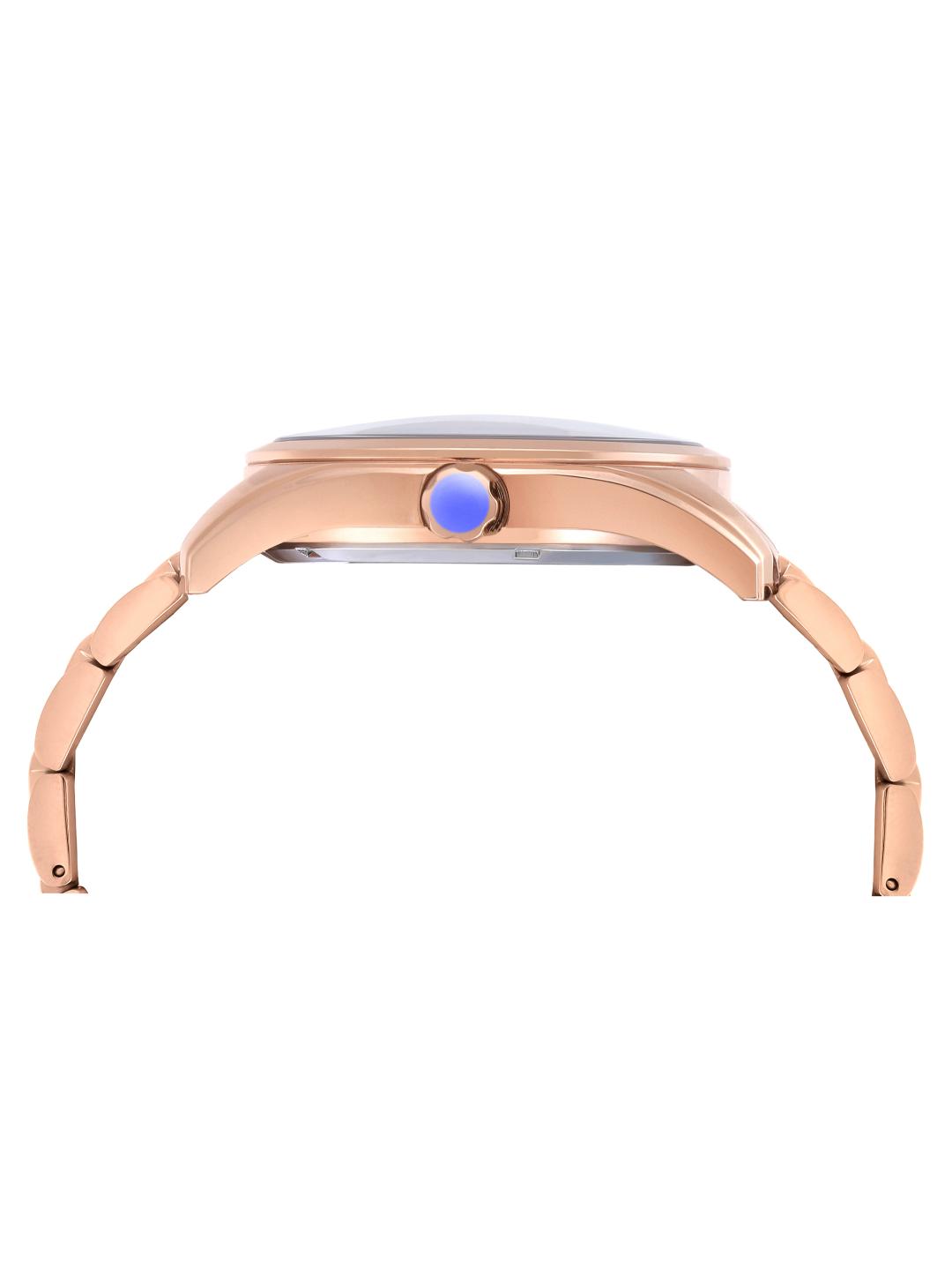 Rose gold watch case on a white background