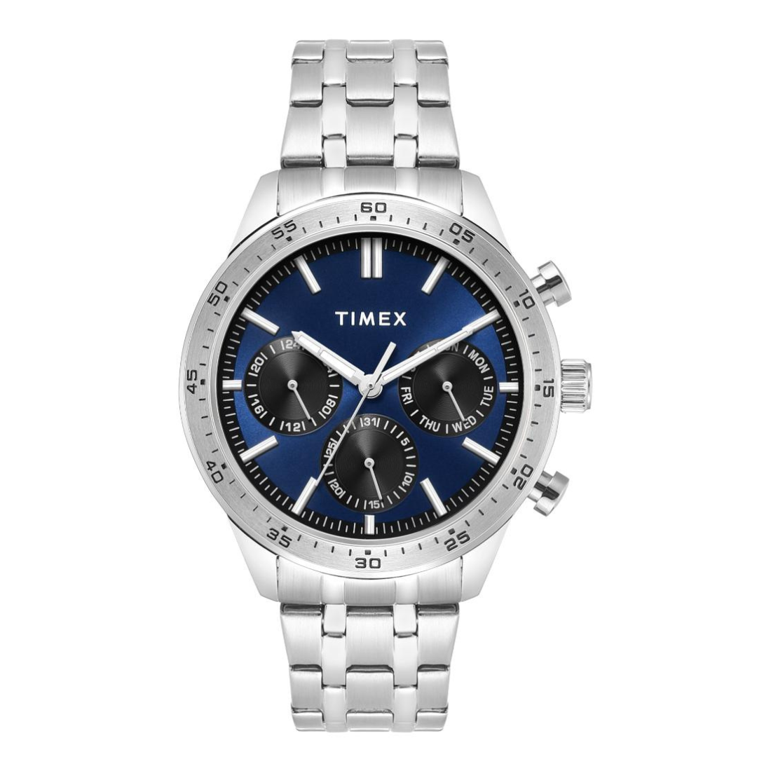 Timex Men's Blue Dial Multifunction Watch with Silver Metal Bracelet