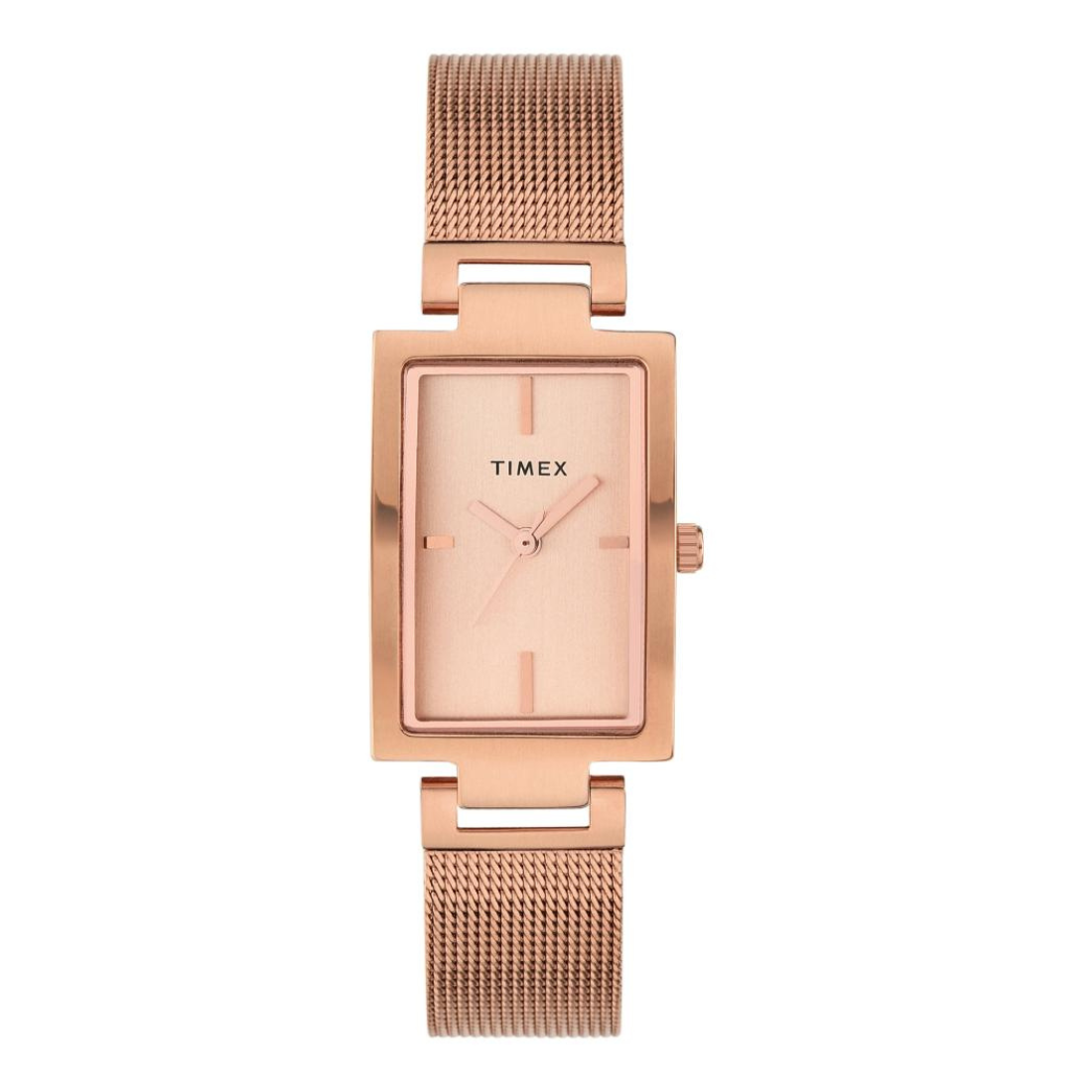 Rose gold Timex watch with mesh band on a white background