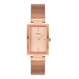 Rose gold Timex watch with mesh band on a white background