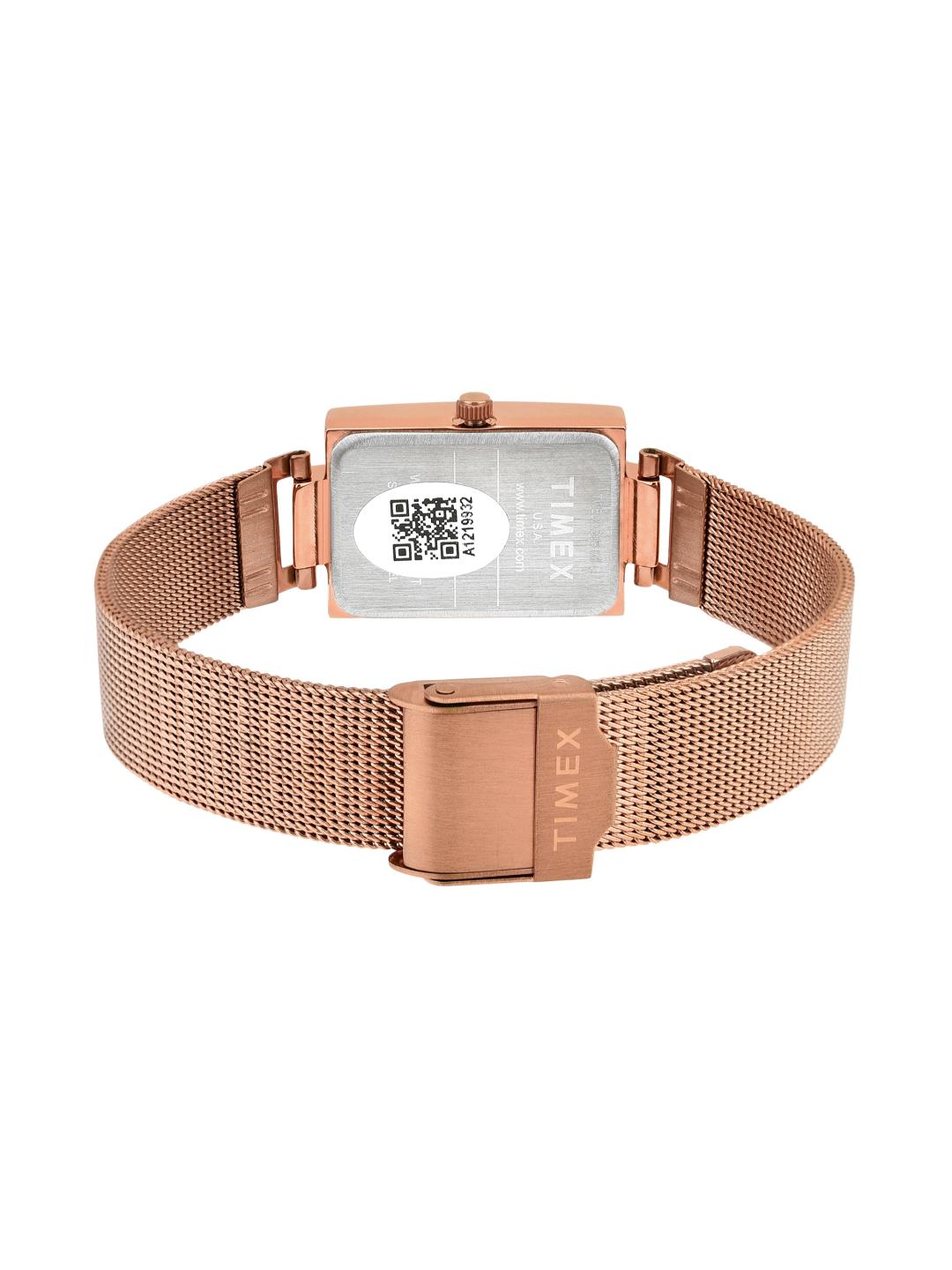 Rose gold watch with mesh band on a white background