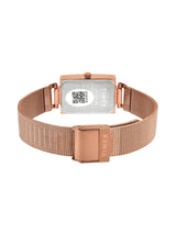 Rose gold watch with mesh band on a white background