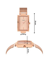 Rose gold Timex watch with dimensions on a white background