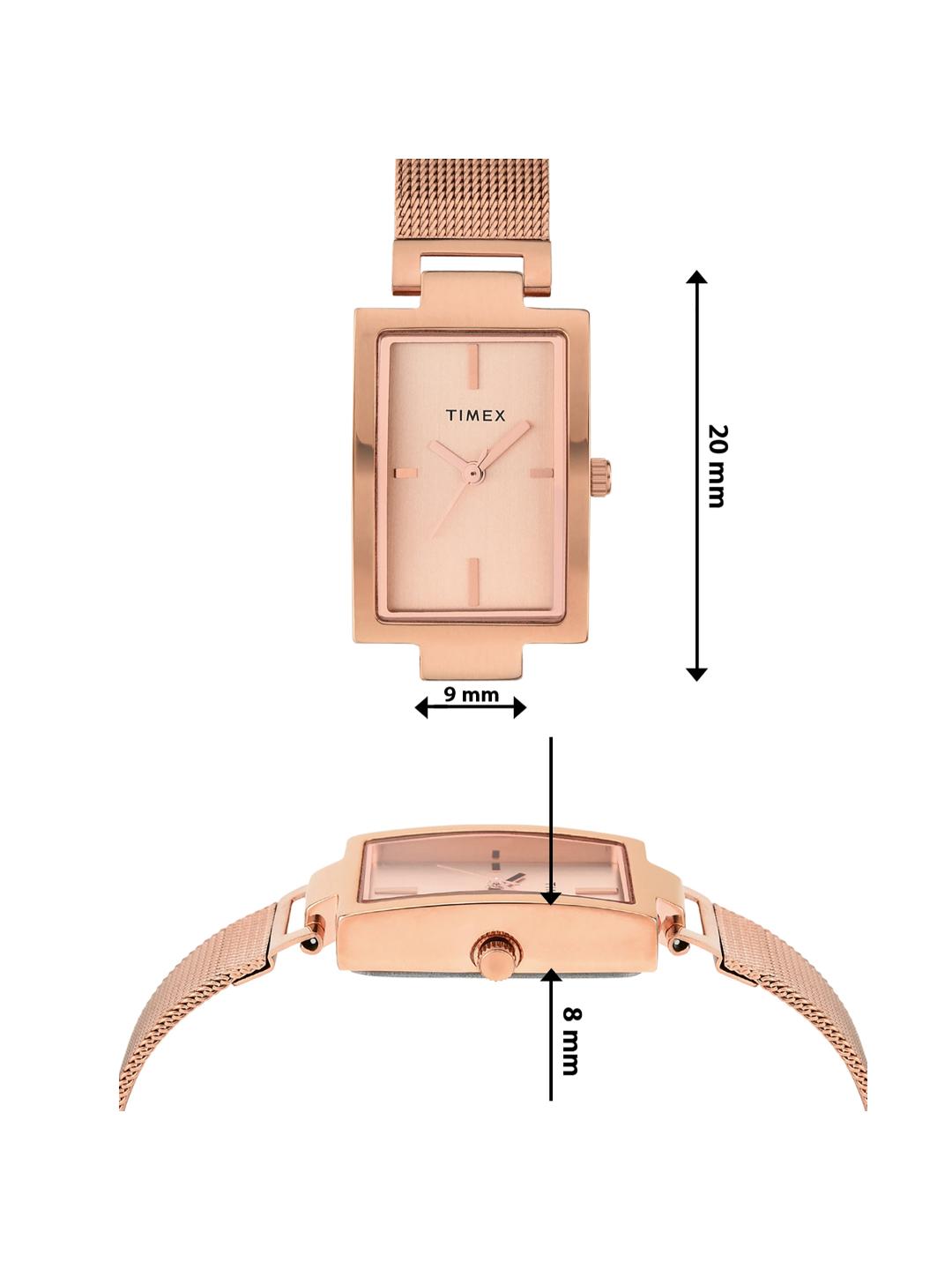 Rose gold Timex watch with dimensions on a white background