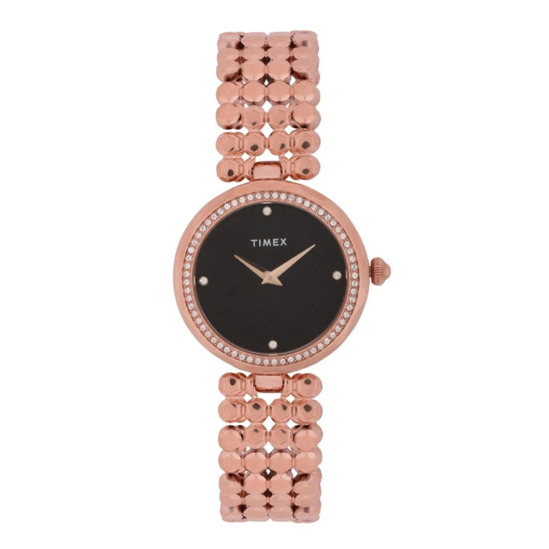 Rose gold watch with black dial on a white background