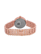 Rose gold watch with a textured band on a white background