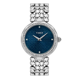 Timex watch with blue face and silver metal bracelet on a white background
