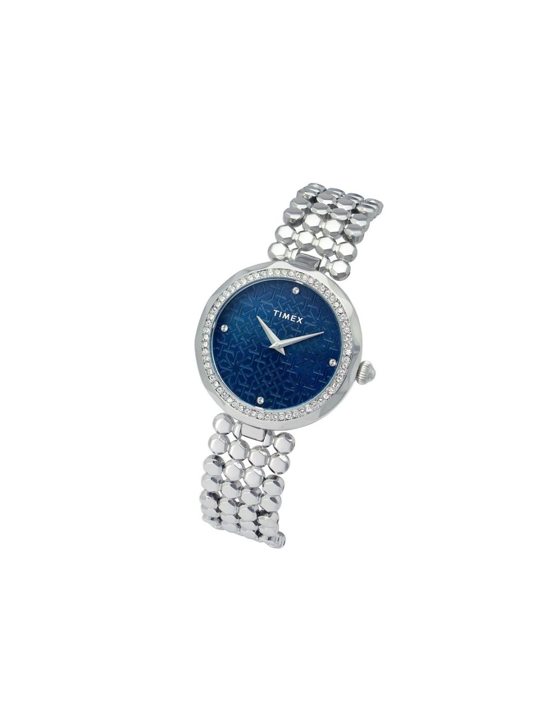 Timex watch with blue face and silver metal bracelet on a white background