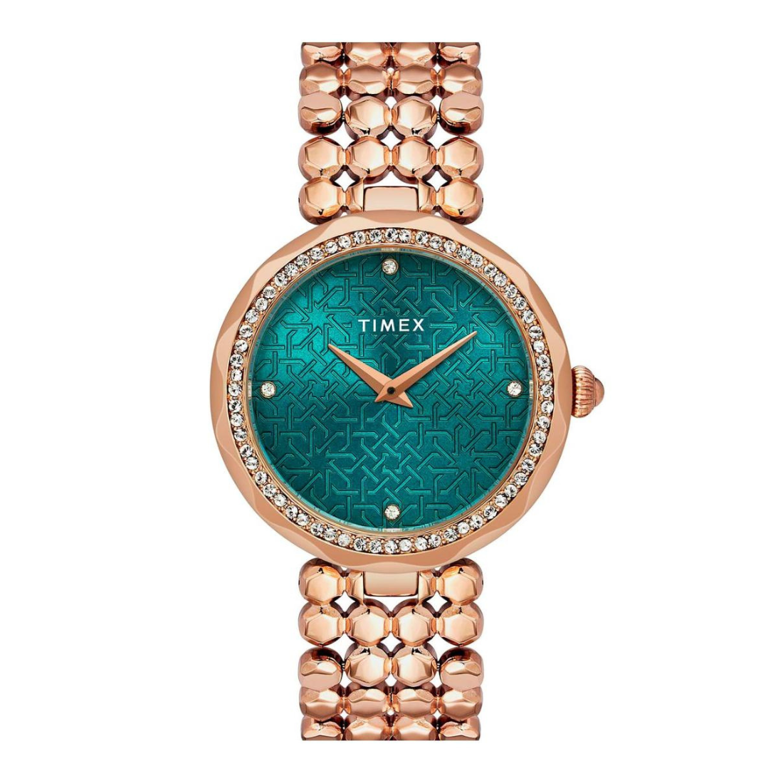 Timex watch with rose gold bracelet and green face on a white background