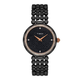 Black beaded watch with rose gold accents on a white background