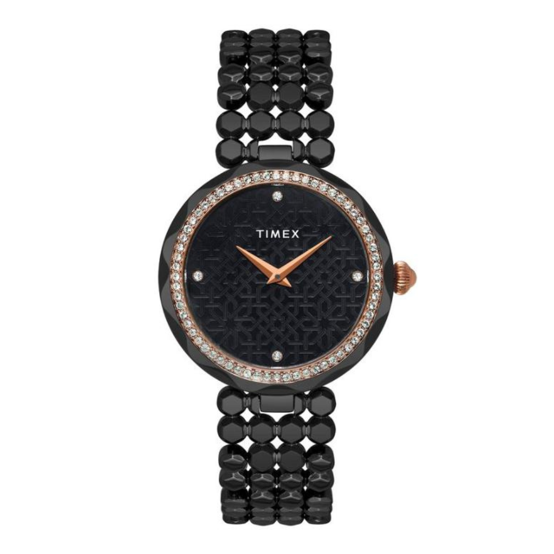 Black beaded watch with rose gold accents on a white background