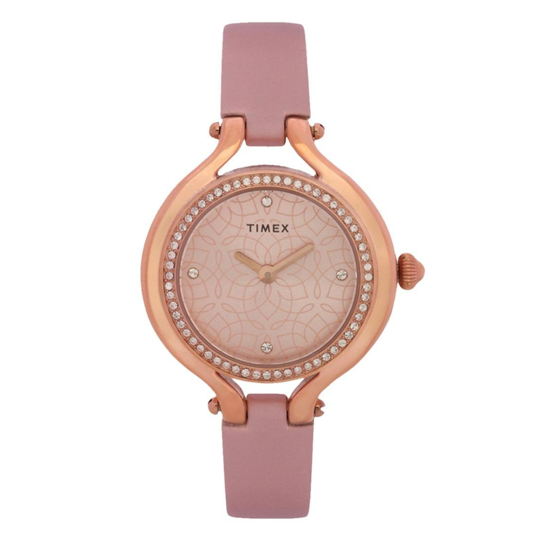 Timex watch with pink strap and rose gold case on a white background