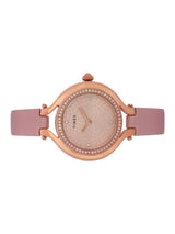 Timex watch with rose gold case and pink leather strap on a white background
