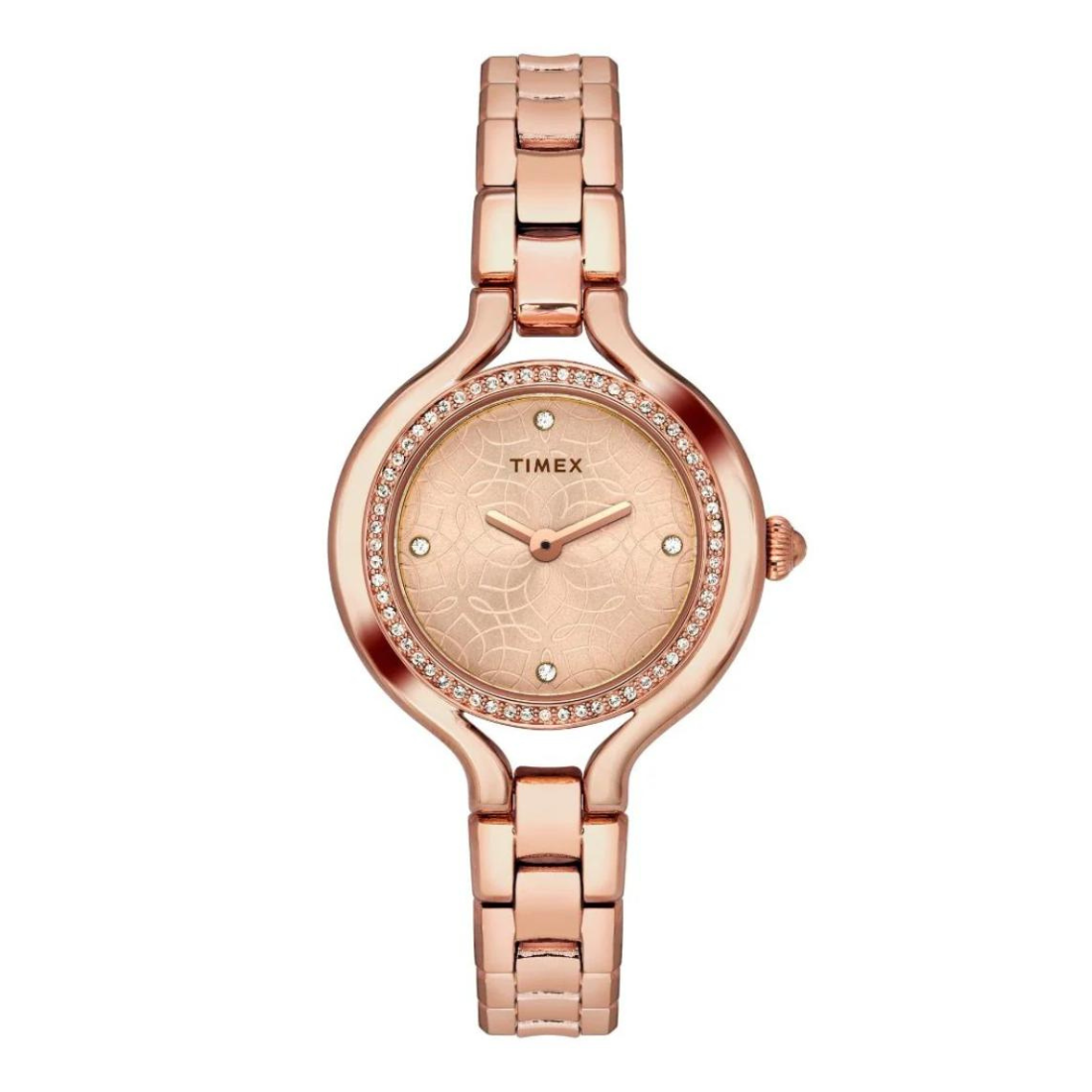 Rose gold Timex watch on a white background