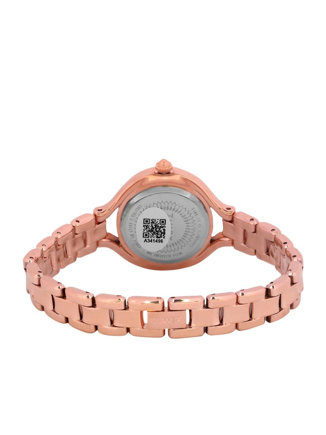 Rose gold watch with a metallic band on a white background
