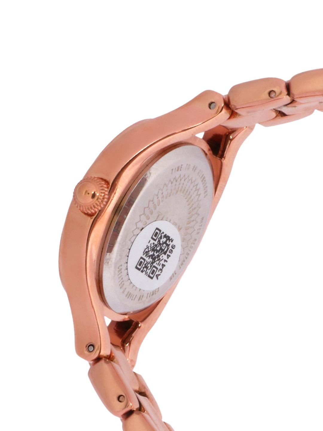 Rose gold watch with a visible QR code on the back against a white background