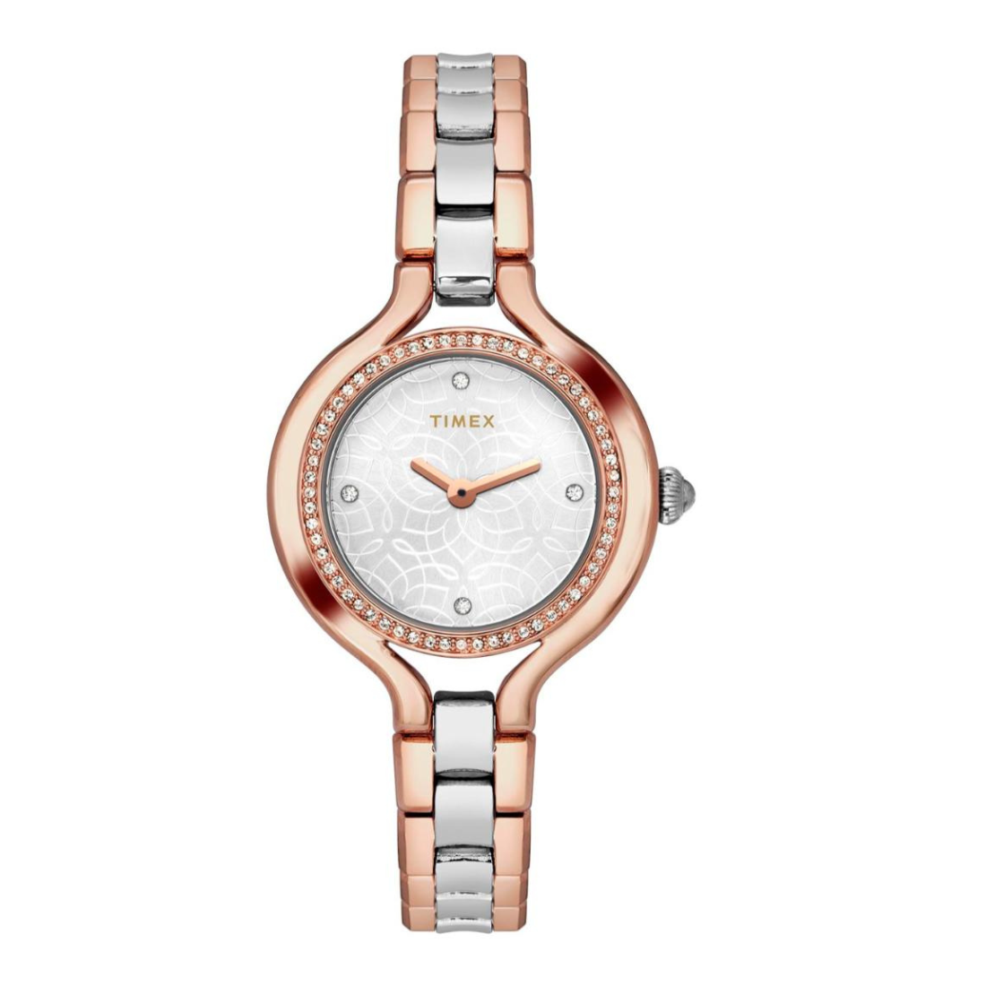 Timex watch with rose gold and silver band on a white background