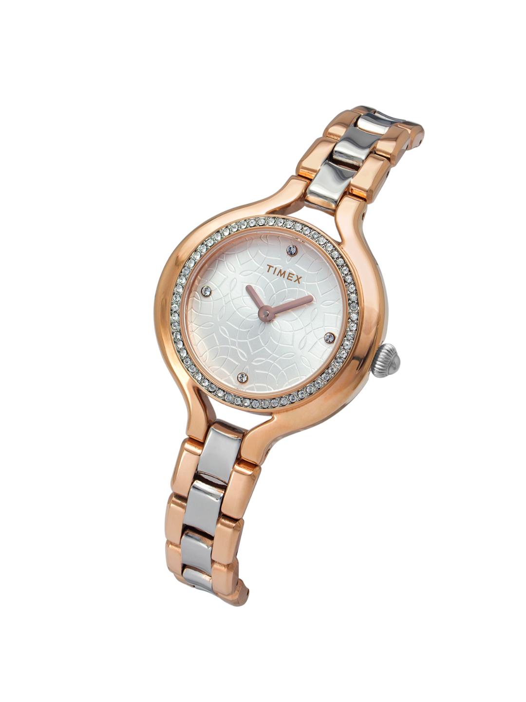 Timex watch with rose gold and silver band on a white background