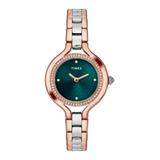 Timex watch with a green face and rose gold and silver band on a white background