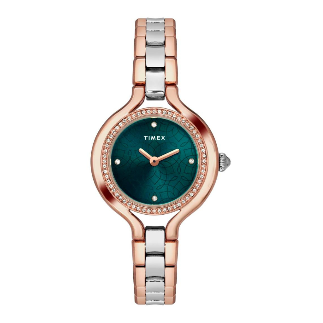 Timex watch with a green face and rose gold and silver band on a white background