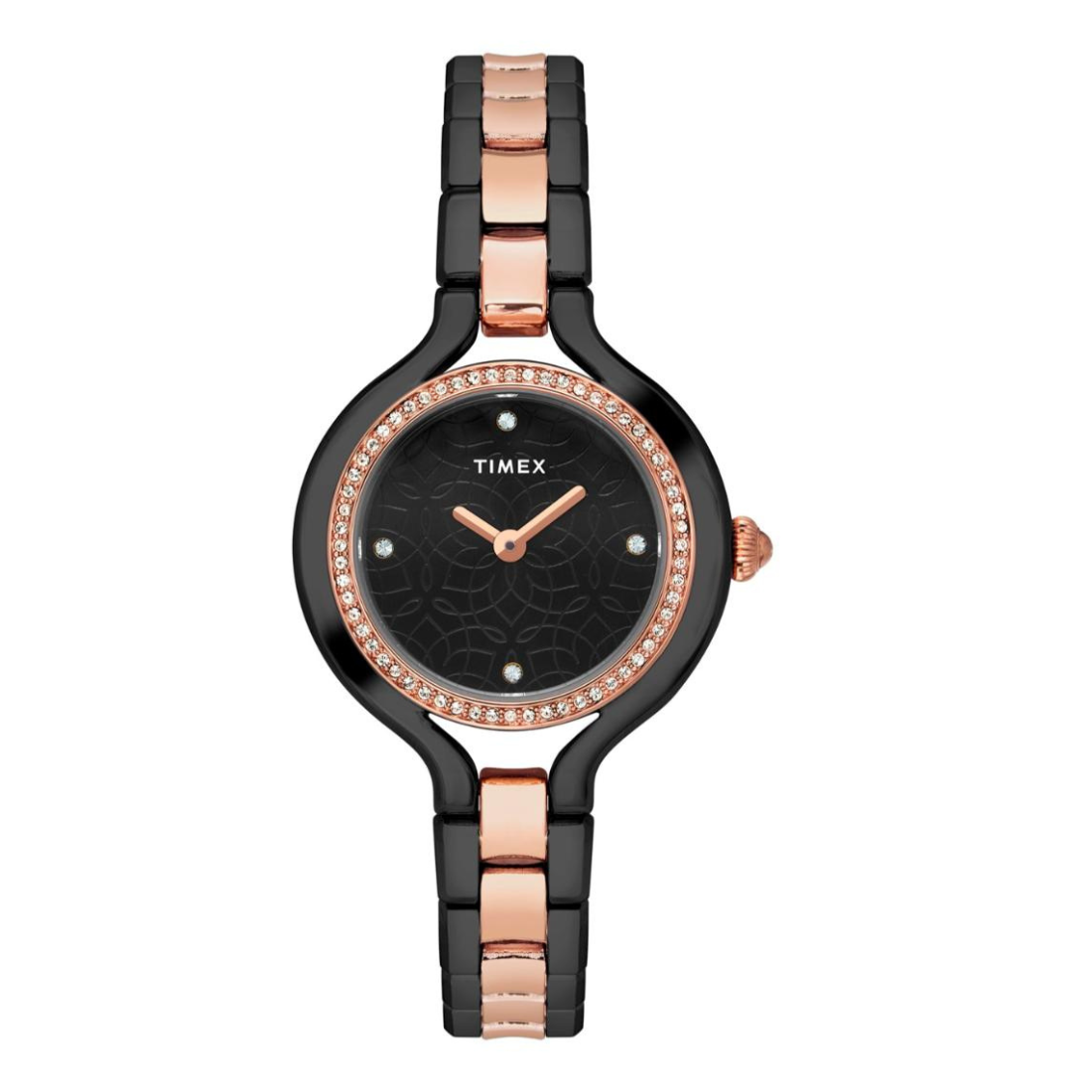 Timex watch with black and rose gold band on a white background