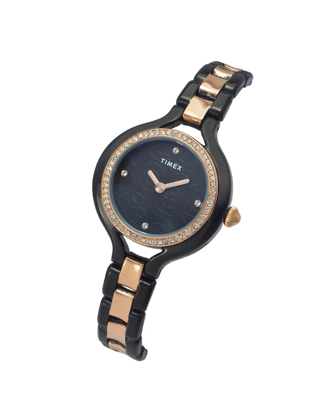 Timex watch with black and rose gold band on a white background