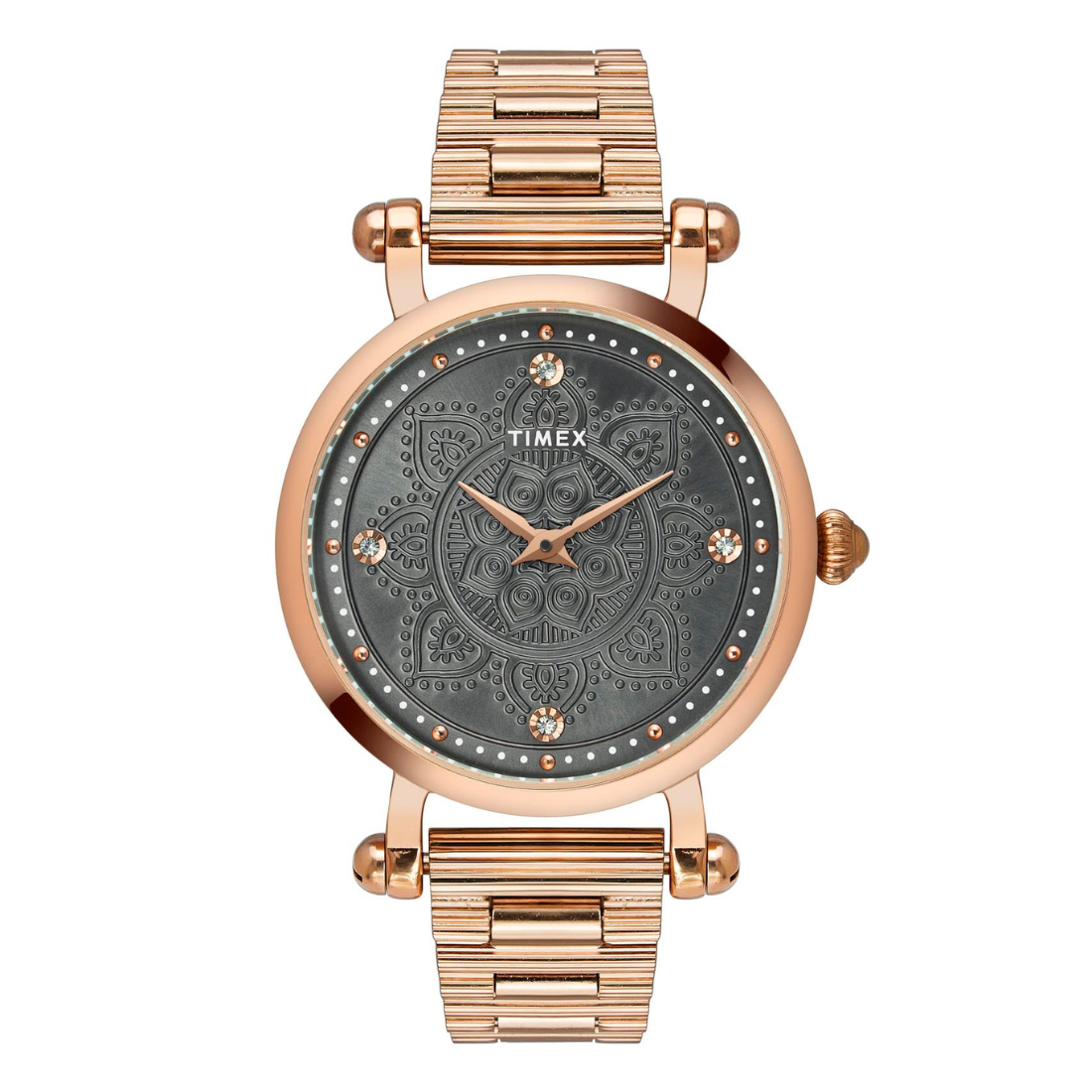 Rose gold Timex watch with a detailed face on a white background