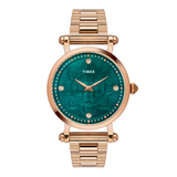 Timex watch with green face and rose gold band on white background