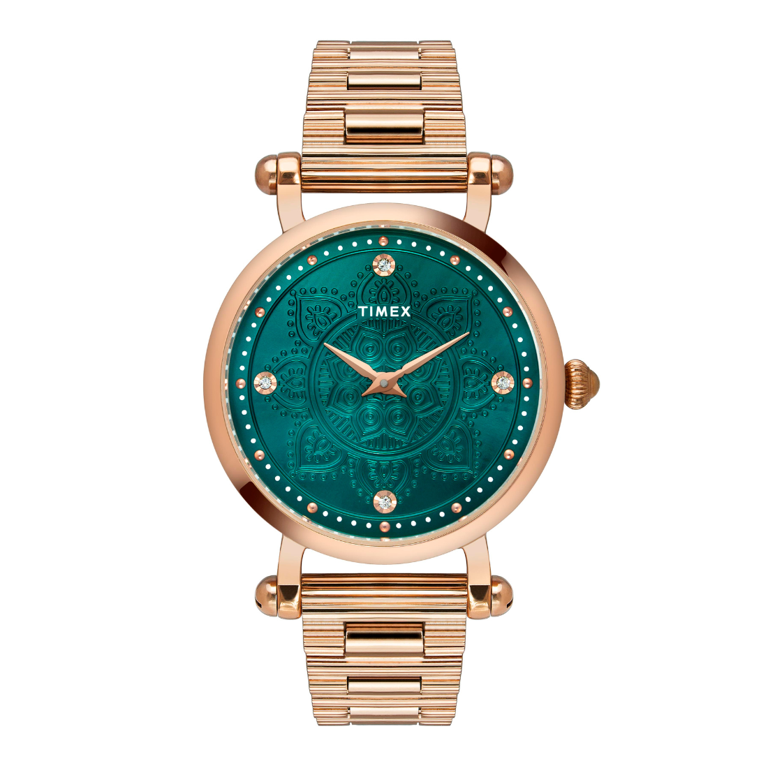 Timex watch with green face and rose gold band on white background
