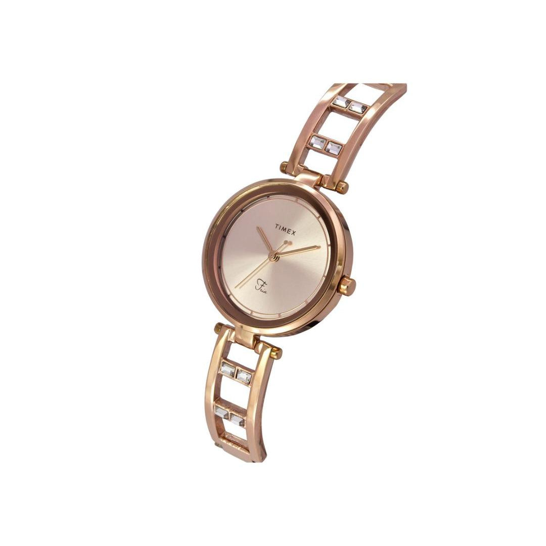 Rose gold watch with a white background