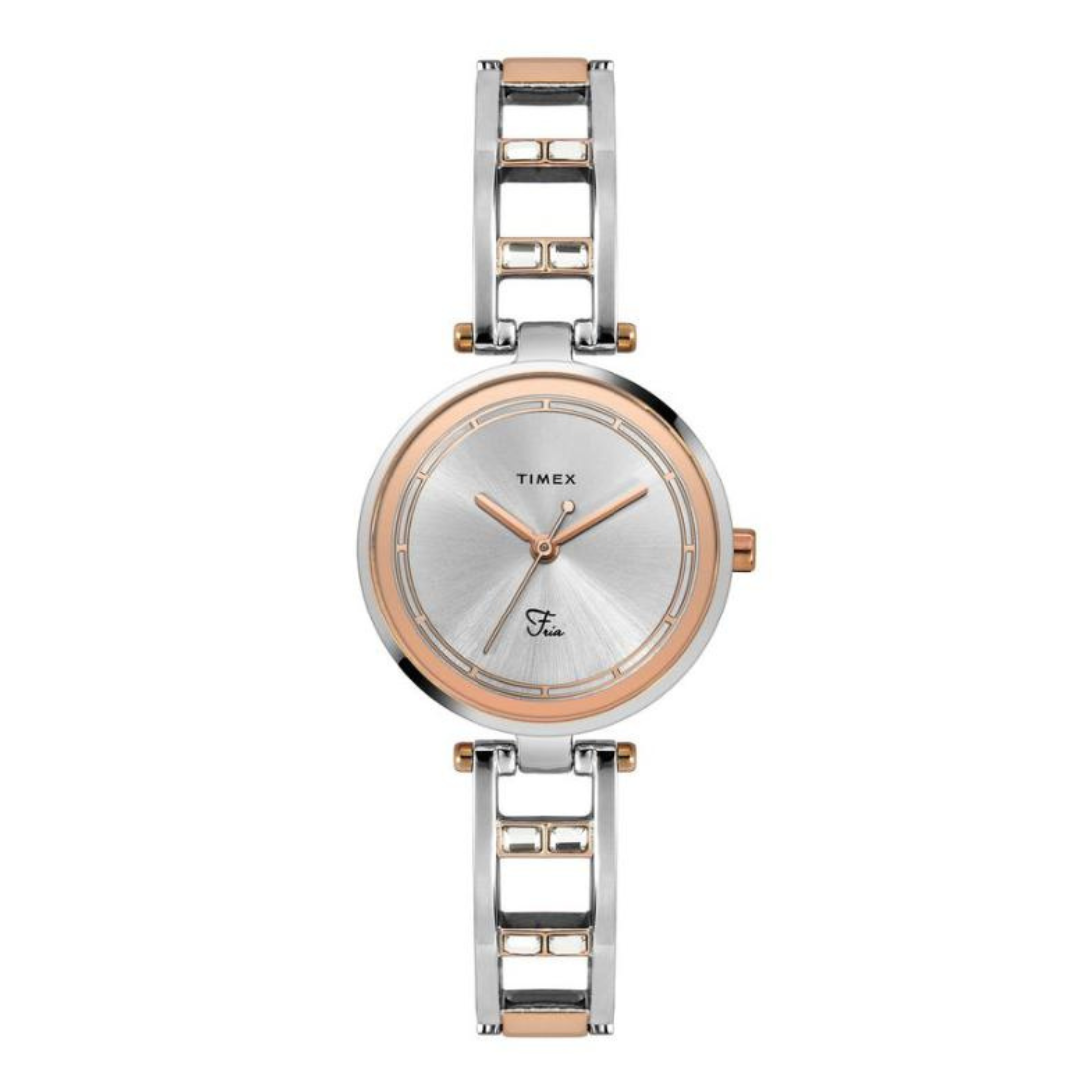 Timex watch with two-tone rose gold and silver bracelet on a white background