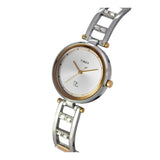 Two-tone watch with silver and gold band on a white background