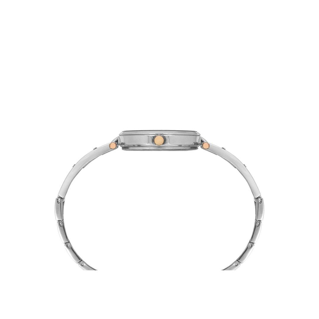 Silver bracelet with orange accents on a white background