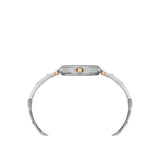 Silver bracelet with orange accents on a white background
