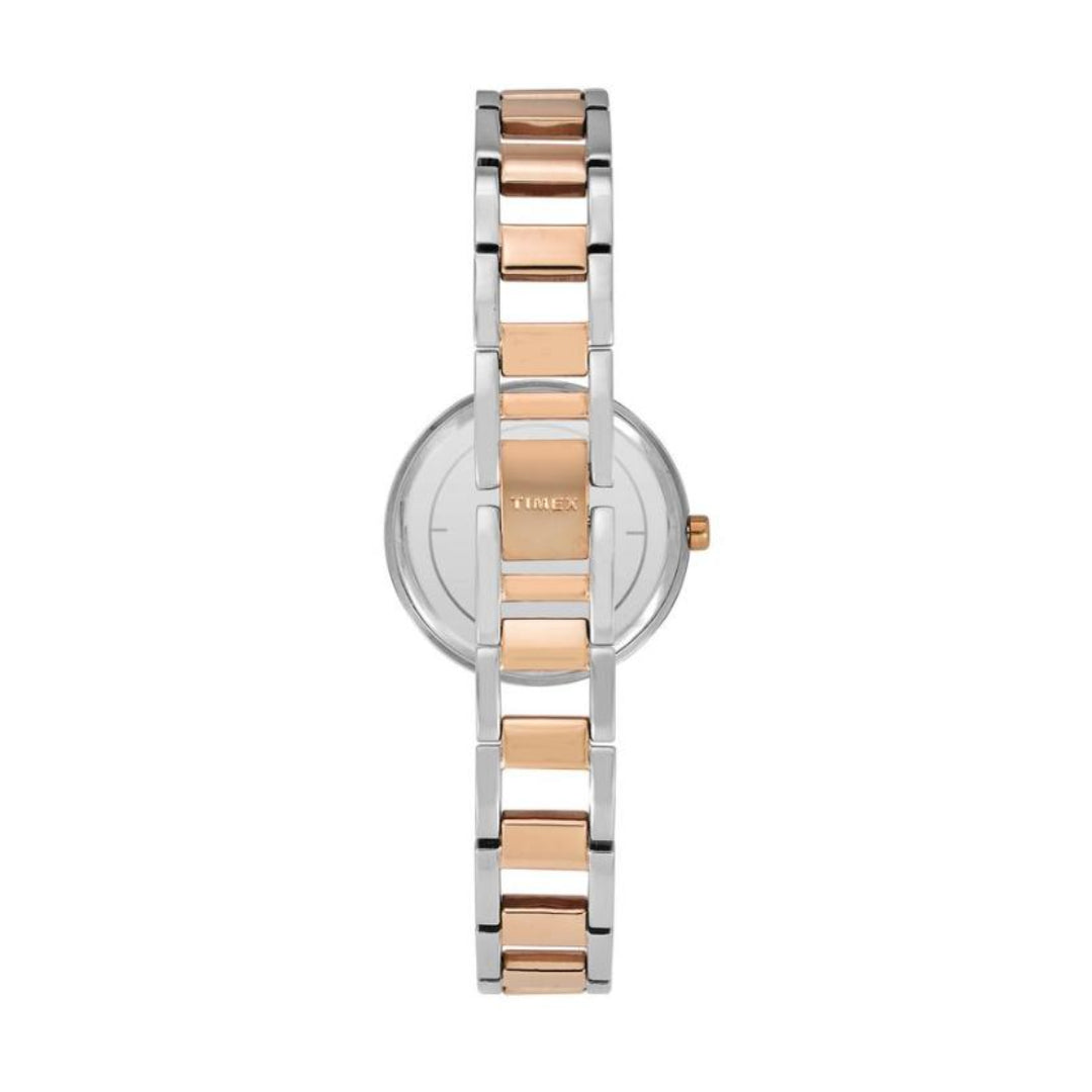 Wristwatch with two-tone rose gold and silver band on a white background