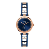 Timex watch with blue and rose gold band on a white background