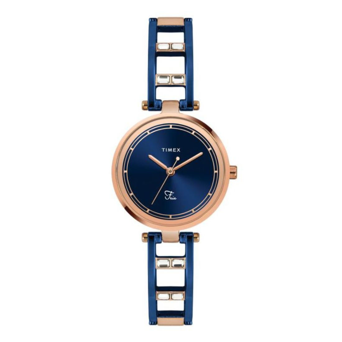 Timex watch with blue and rose gold band on a white background