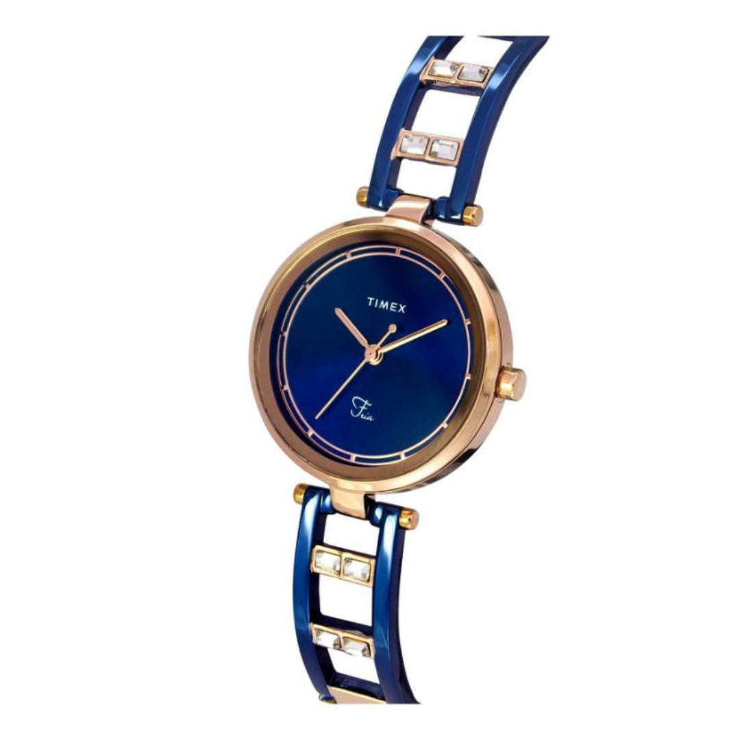 Wristwatch with blue strap and rose gold case on a white background