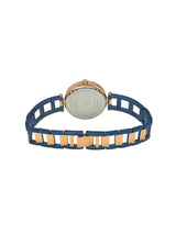 Wristwatch with blue and gold strap on a white background