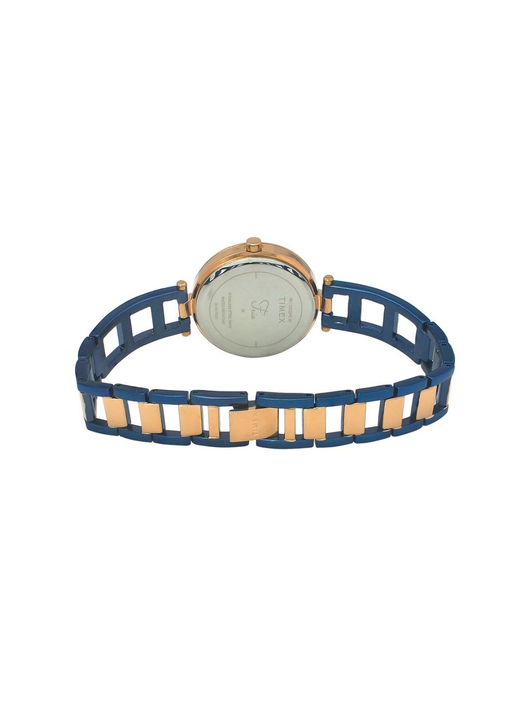 Wristwatch with blue and gold strap on a white background