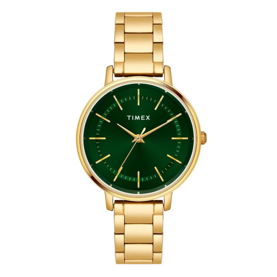 Gold Timex watch with a green face on a white background