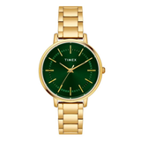 Gold Timex watch with a green face on a white background