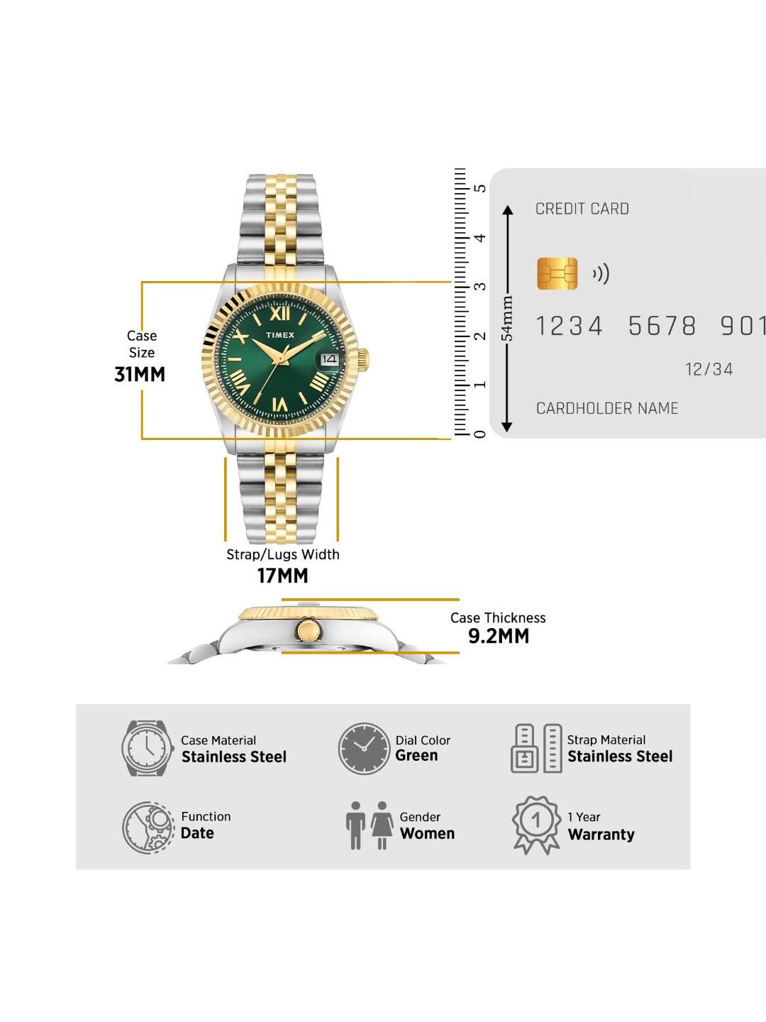Timex Women 31 mm Quartz Analog Green Dial Stainless Steel Strap Watch TWEL222SMU08