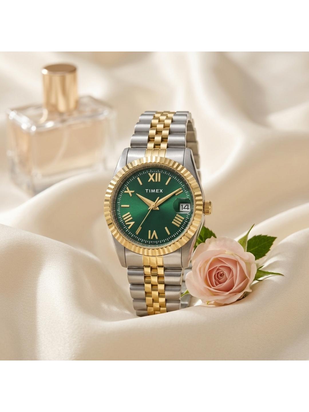 Timex Women 31 mm Quartz Analog Green Dial Stainless Steel Strap Watch TWEL222SMU08